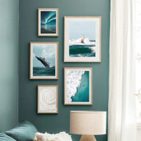 Turquoise Ocean Wave Abstract Modern Naturescape 5 Multi Panel Artwork Set Picture Canvas Print for Wall Hanging Illumination