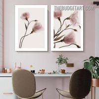 Pink Flowers Floral Modern Painting Picture 2 Piece Canvas Wall Art Prints for Room Outfit