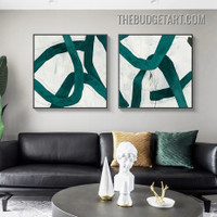 Green Curved Lines Modern Painting Picture 2 Piece Abstract Canvas Art Prints for Room Wall Adornment