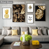 Golden Pineapple Foliage Leaves Abstract Nordic 5 Multi Panel Fruit Artwork Set Picture Canvas Print for Wall Hanging Illumination
