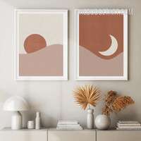 Moon Sun Abstract Landscape Scandinavian Painting Picture 2 Piece Canvas Art Prints for Room Wall Getup