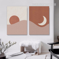 Moon Sun Landscape Scandinavian Painting Picture 2 Piece Abstract Canvas Wall Art Prints for Room Embellishment