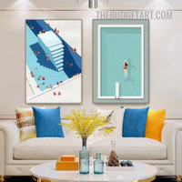 Swim Lassie Abstract Architecture Modern Painting Picture 2 Piece Canvas Wall Art Prints for Room Drape