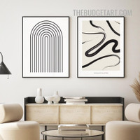 Meandering Lines Abstract Geometric Scandinavian Panting Picture 2 Piece Canvas Wall Art Prints for Room Arrangement