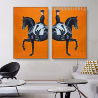 Horse Rider Animal Modern Painting Picture 2 Piece Canvas Art Prints for Room Wall Trimming