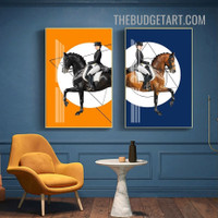 Horse Rider Animal Modern Painting Picture 2 Piece Canvas Art Prints for Room Wall Drape