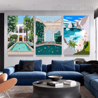 Swimming Pool Abstract Landscape Modern Painting Picture 3 Piece Canvas Art Prints for Room Wall Trimming