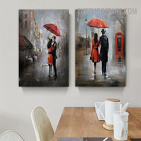 Couple with Umbrella Abstract Figure Heavy Texture Artist Handmade Stretched Framed 2 Piece Framed Canvas Paintings Set Modern Oil Paintings for Interior Wall Decor