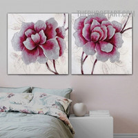 Pink Flowers Floral Abstract Heavy Texture Artist Handmade Stretched Framed 2 Piece Framed Canvas Paintings Set Modern Oil Paintings for Interior Wall Decor