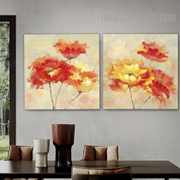Chromatic Flowers Floral Abstract Heavy Texture Painting Handmade Stretched Framed 2 Piece Framed Canvas Oil Paintings Set Modern Artwork for Living Room Decor