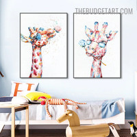 Cute Giraffes Animal Modern Heavy Texture Artist Handmade Framed Stretched 2 Piece Framed Canvas Painting for Wall Décor