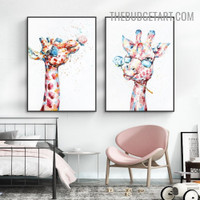 Cute Giraffes Animal Heavy Texture Art Handmade Stretched Framed 2 Piece Canvas Oil Painting Artwork Set Modern Oil Paintings for Interior Wall Decor