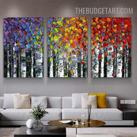Multicolored Leaves Abstract Landscape Heavy Texture Art Handmade Stretched Framed 3 Piece Canvas Oil Painting Artwork Set Modern Oil Paintings for Interior Wall Decor