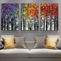 Multicolored Leaves Abstract Landscape Modern Heavy Texture Paintings Handmade Stretched Framed 3 Piece Framed Canvas Oil Painting Set for Living Room Decor