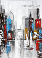 Colorful Buildings Abstract Cityscape Knife Painting Handmade Stretched Framed Contemporary Painting for Home Décor