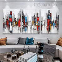 Colorful Buildings Abstract Cityscape Modern Heavy Texture Artist Handmade Framed Stretched 3 Piece Framed Canvas Painting for Wall Décor
