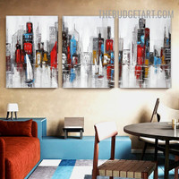 Colorful Buildings Abstract Cityscape Modern Heavy Texture Paintings Handmade Stretched Framed 3 Piece Framed Canvas Oil Painting Set for Living Room Decor