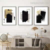 Black Brush Effect Abstract Geometrical Vintage Painting Photo Canvas Print for Room Wall Flourish