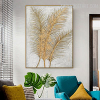 Golden Tropical Foliage Abstract Botanical Handmade Canvas Painting for Room Wall Illumination