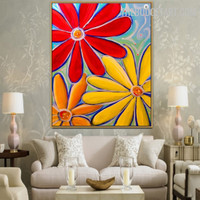 Colourful Floweret Abstract Botanical Handmade Canvas Painting for Room Wall Drape