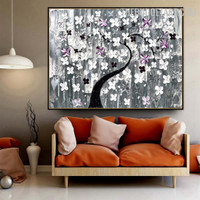White Flowers Dots Botanical Handmade Knife Artist Painting on Canvas for Room Wall Tracery