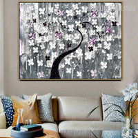 White Flowers Trees Botanical Handmade Knife Artist Artwork on Canvas for Room Wall Moulding