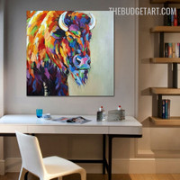 Stallion Bull Animal Handmade Heavy Knife Canvas Artwork by Experienced Artist for Room Wall Finery