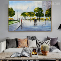 Freeway People Contemporary Landscape Art Handmade Knife Canvas Painting Done by Artist for Room Wall Molding