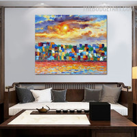 Colourful Houses Clouds Abstract Landscape Handmade Knife Canvas Painting for Room Wall Disposition
