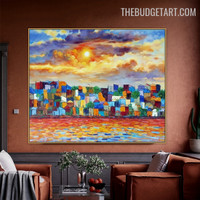 Colourful Houses Sun Handmade Palette Canvas Painting Abstract Landscape Wall Art for Room Drape