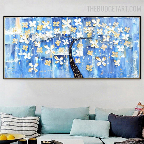 Daffodils Whit Tree Handmade Knife Canvas Abstract Botanical Art Painting For Room Wall Décor