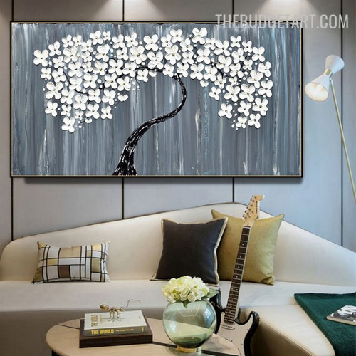 Flowers Tree Dots 100% Handmade Knife Canvas Abstract Botanical Artwork for Room Garniture