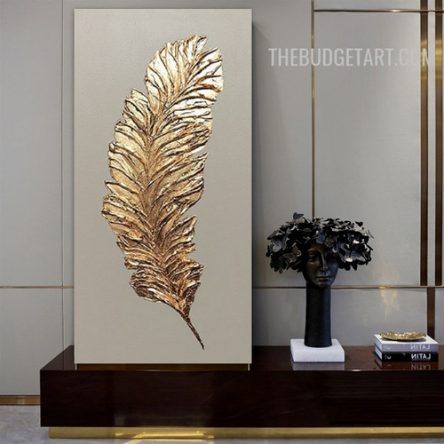 Golden Plume Feather Abstract Modern 100% Artist Handmade Heavy Knife Canvas Painting Wall Accent Disposition