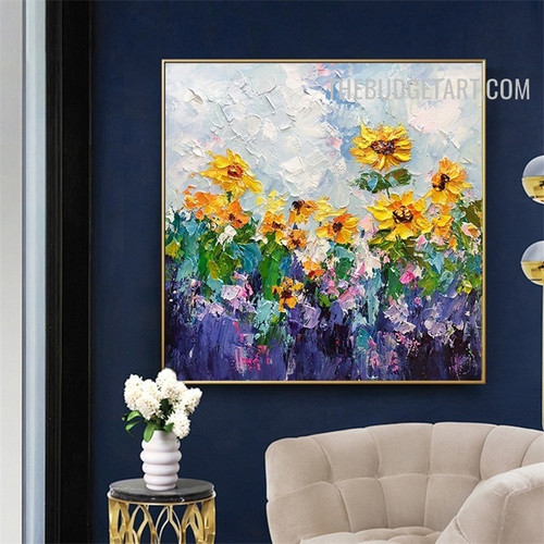 Yellow Daffodils Cloud Beautiful Handmade Abstract Botanical Knife Canvas Painting for Room Wall Adornment