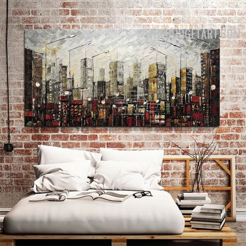 Hued Buildings Street Lights 100% Artist Handmade Abstract Cityscape Palette on Canvas Art for Room Wall Adornment