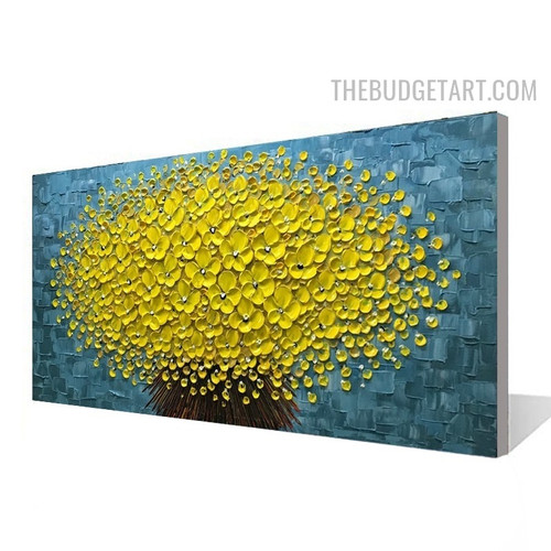 Yellow Blooms Spots Abstract Floret Handmade Knife Canvas Painting Done By Artist for Room Wall Décor