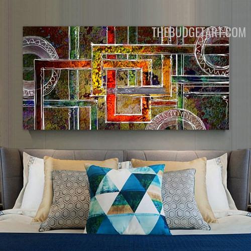 Rectangular Bold Lines Circles Abstract Geometrical Handmade Texture Canvas Artwork by Experienced Artist for Room Wall Getup