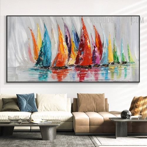 Aqua Boats Water Handmade Texture Modern Abstract Landscape Canvas Painting for Room Wall Onlay