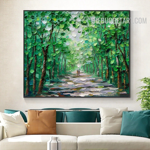 Green Tree Way Road Handmade Abstract Naturescape Knife Painting on Canvas for Room Wall Equipment