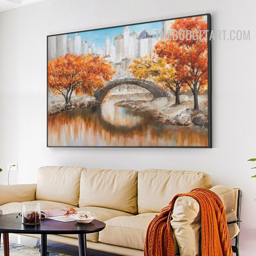 Pond Bridge Buildings Handmade Landscape Abstract Heavy Knife Canvas Artwork Wall Hanging Getup