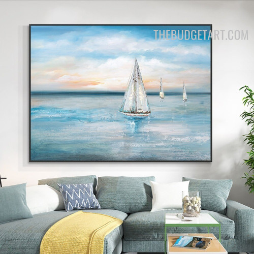 Sea Aqua Ship Handmade Famous Naturescape Heavy Texture Canvas Abstract Wall Art for Room Outfit