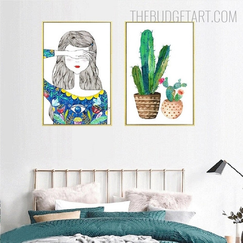 Motley Cactus Watercolor Modern Painting Picture Canvas Print for Room Wall Flourish