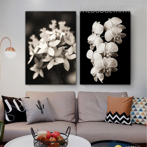 White Bloomed Nordic Floral Contemporary Painting Picture Canvas Print for Room Wall Adornment