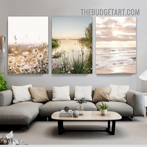 Sunset Flowers Naturescape Modern Painting Picture 3 Panel Canvas Wall Art Prints for Room Embellishment