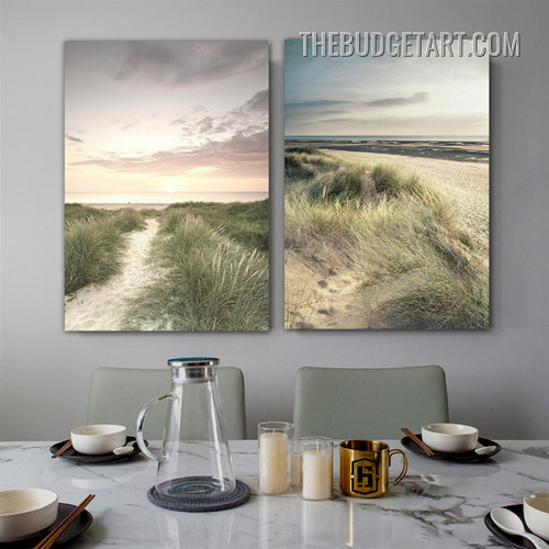 Grassland Landscape Vintage Painting Picture 2 Piece Canvas Wall Art Prints for Room Illumination