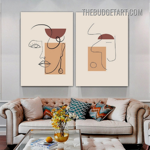 Winding Line Face Abstract Scandinavian Modern Painting Picture 2 Piece Canvas Wall Art Prints for Room Decoration