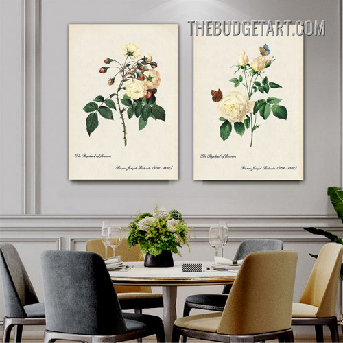 Rose Leaves Floral Vintage Painting Picture 2 Piece Canvas Wall Art Prints for Room Trimming