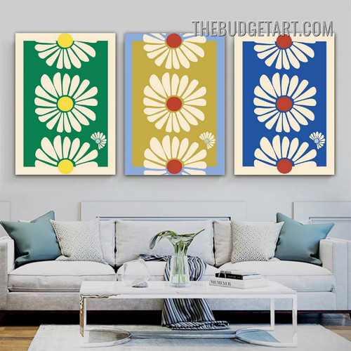 White Blossom Abstract Floral Modern Painting Picture 3 Panel Canvas Wall Art Prints for Room Getup