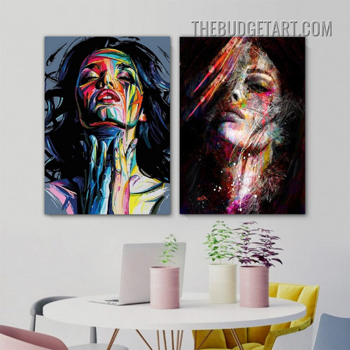 Colorific Women Abstract Figure Vintage Painting Picture 2 Piece Canvas Wall Art Prints for Room Finery