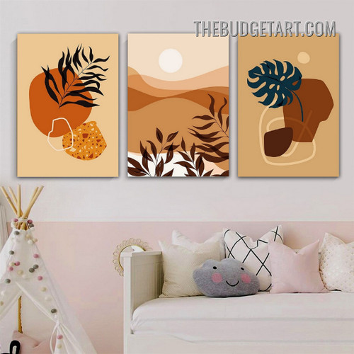 Smears Leaves Abstract Contemporary Scandinavian Painting Picture 3 Panel Canvas Wall Art Prints for Room Outfit